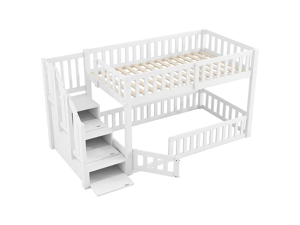 Lit superposé 90x200 cm avec échelle sécurisée, tiroir de rangement, barrières de protection, bois massif durable, blanc