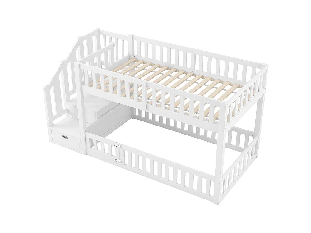Lit superposé 90x200 cm avec échelle sécurisée, tiroir de rangement, barrières de protection, bois massif durable, blanc