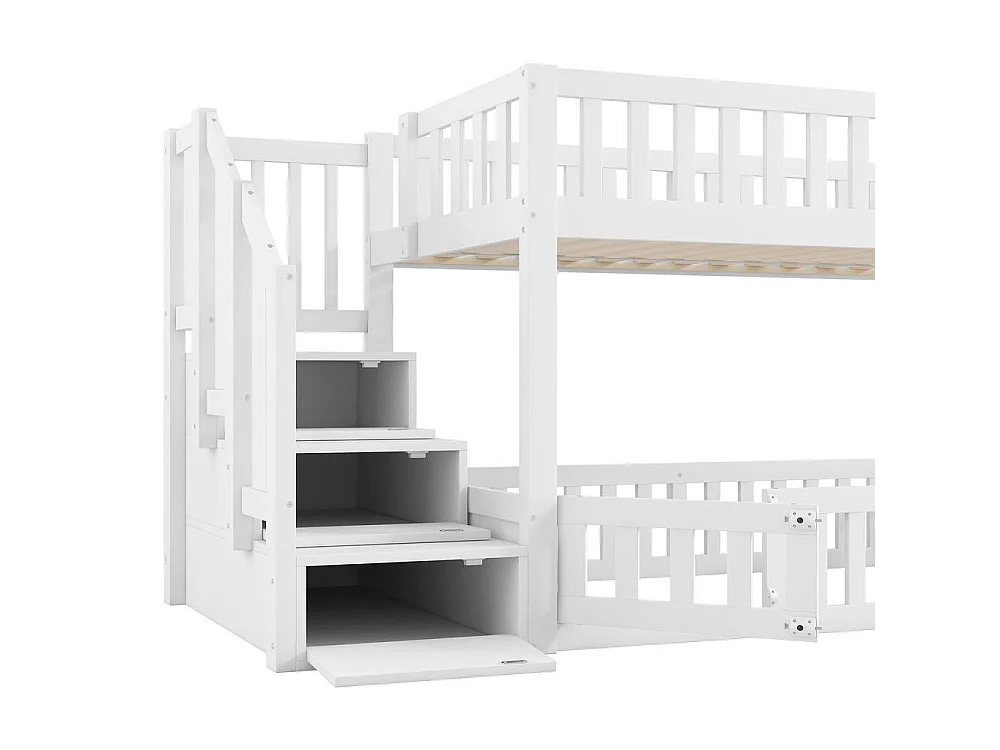 Lit superposé 90x200 cm avec échelle sécurisée, tiroir de rangement, barrières de protection, bois massif durable, blanc