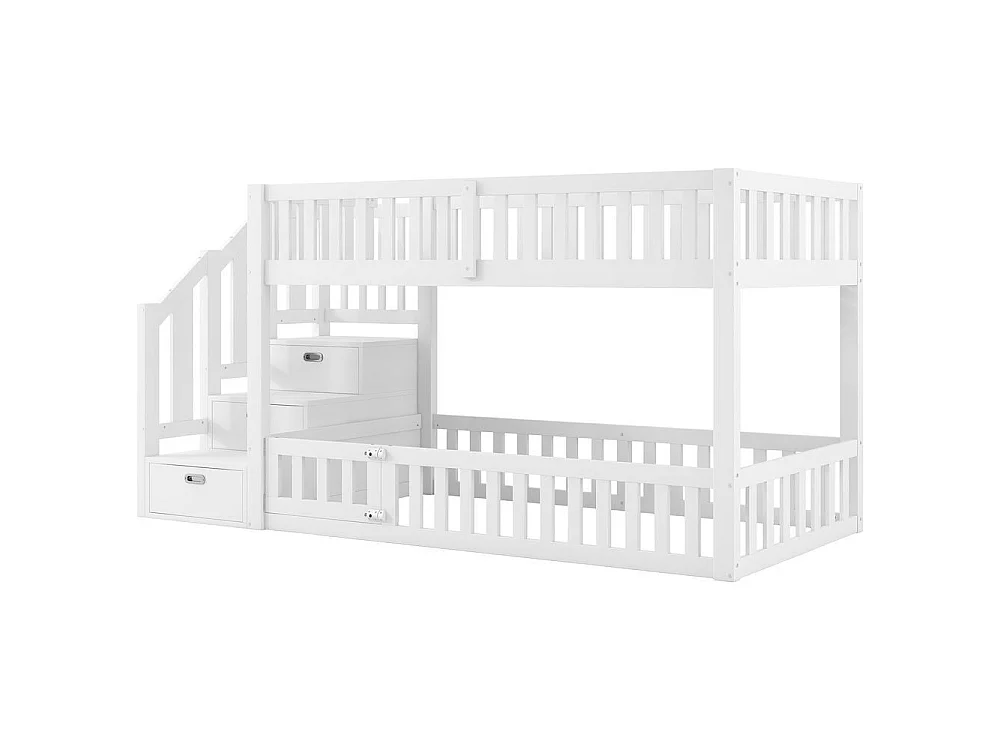 Lit superposé 90x200 cm avec échelle sécurisée, tiroir de rangement, barrières de protection, bois massif durable, blanc