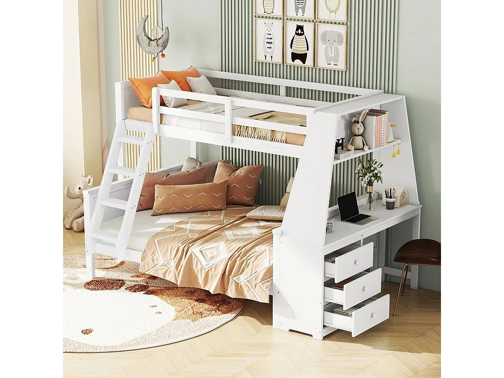 Lit superposé 90x200 et 140x200 cm, bureau, rangements, haut garde-corps, échelle réglable, cadre pin et MDF, blanc