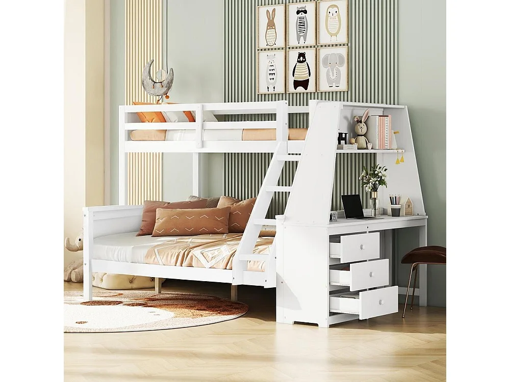 Lit superposé 90x200 et 140x200 cm, bureau, rangements, haut garde-corps, échelle réglable, cadre pin et MDF, blanc
