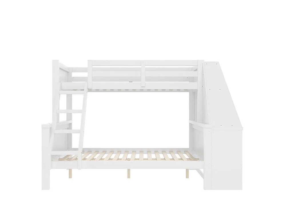 Lit superposé 90x200 et 140x200 cm, bureau, rangements, haut garde-corps, échelle réglable, cadre pin et MDF, blanc