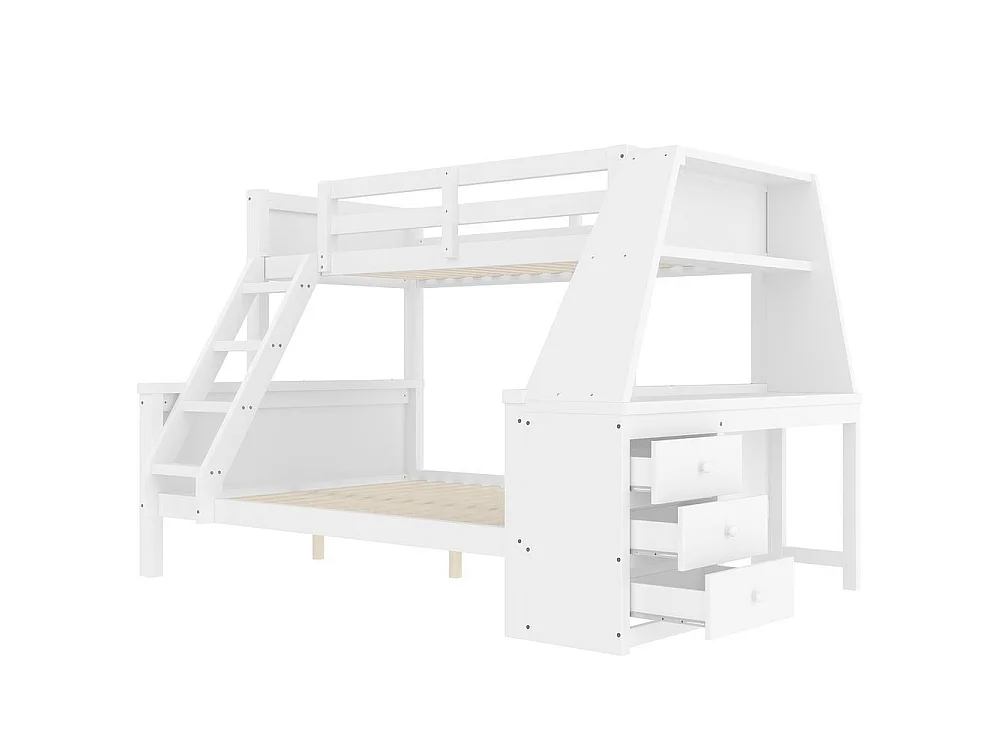 Lit superposé 90x200 et 140x200 cm, bureau, rangements, haut garde-corps, échelle réglable, cadre pin et MDF, blanc