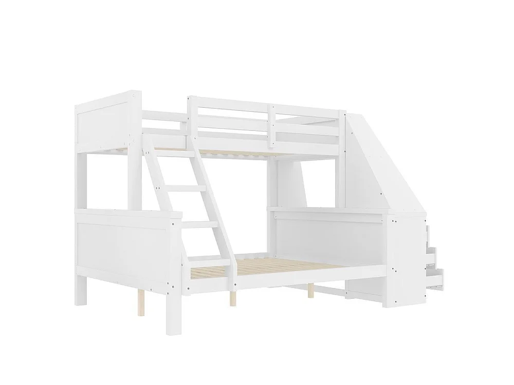 Lit superposé 90x200 et 140x200 cm, bureau, rangements, haut garde-corps, échelle réglable, cadre pin et MDF, blanc