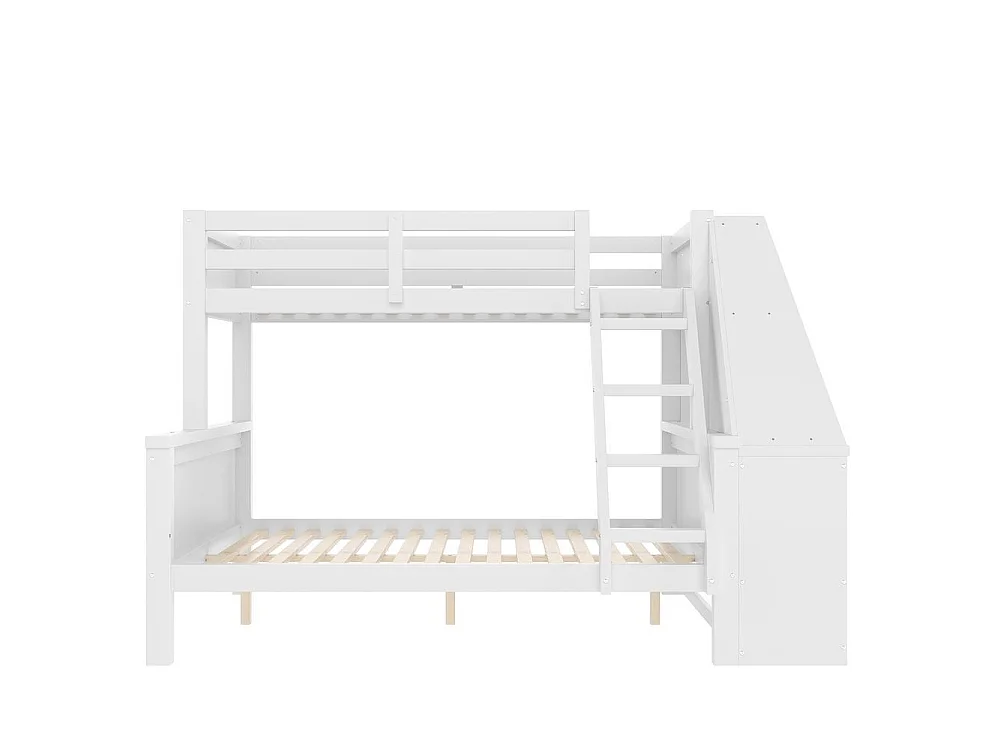 Lit superposé 90x200 et 140x200 cm, bureau, rangements, haut garde-corps, échelle réglable, cadre pin et MDF, blanc