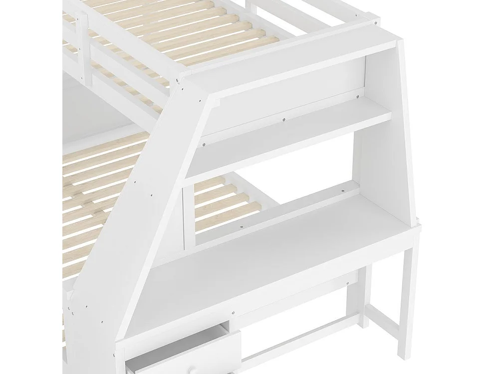 Lit superposé 90x200 et 140x200 cm, bureau, rangements, haut garde-corps, échelle réglable, cadre pin et MDF, blanc