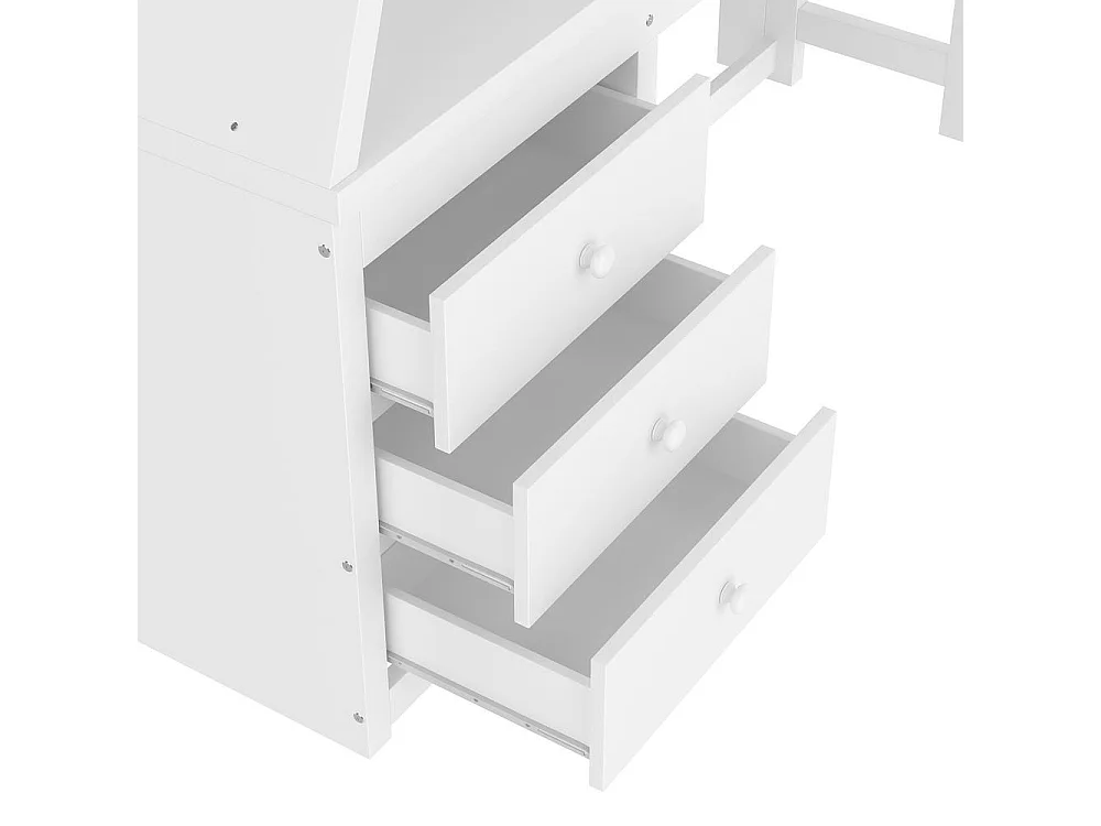Lit superposé 90x200 et 140x200 cm, bureau, rangements, haut garde-corps, échelle réglable, cadre pin et MDF, blanc