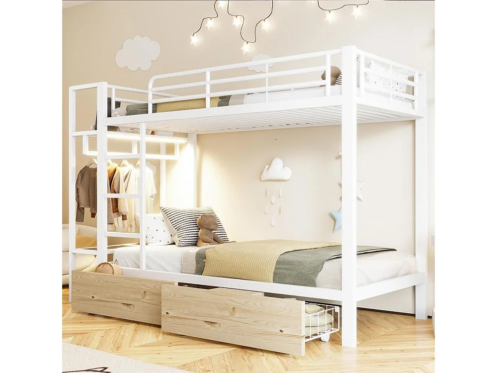 Lit superposé 90x200 cm, cadre métal robuste, 2 tiroirs, étagères, barre de suspension, LED, rangement pratique, blanc