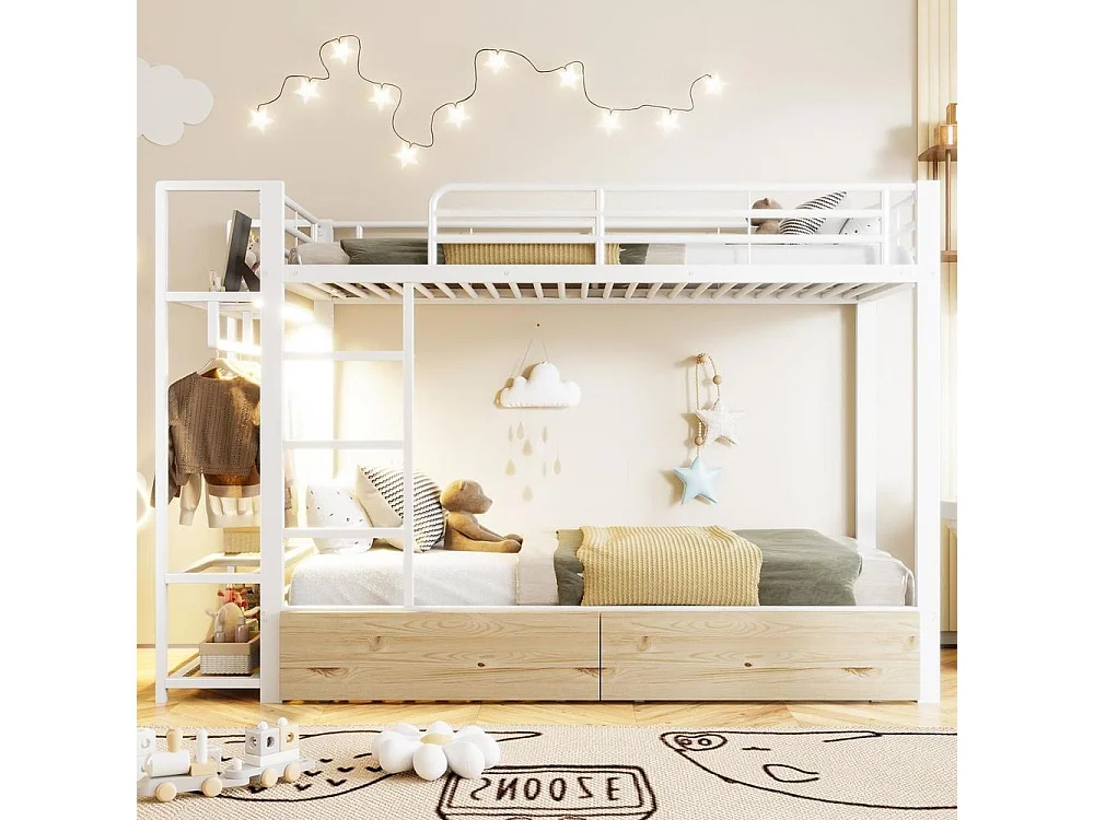 Lit superposé 90x200 cm, cadre métal robuste, 2 tiroirs, étagères, barre de suspension, LED, rangement pratique, blanc