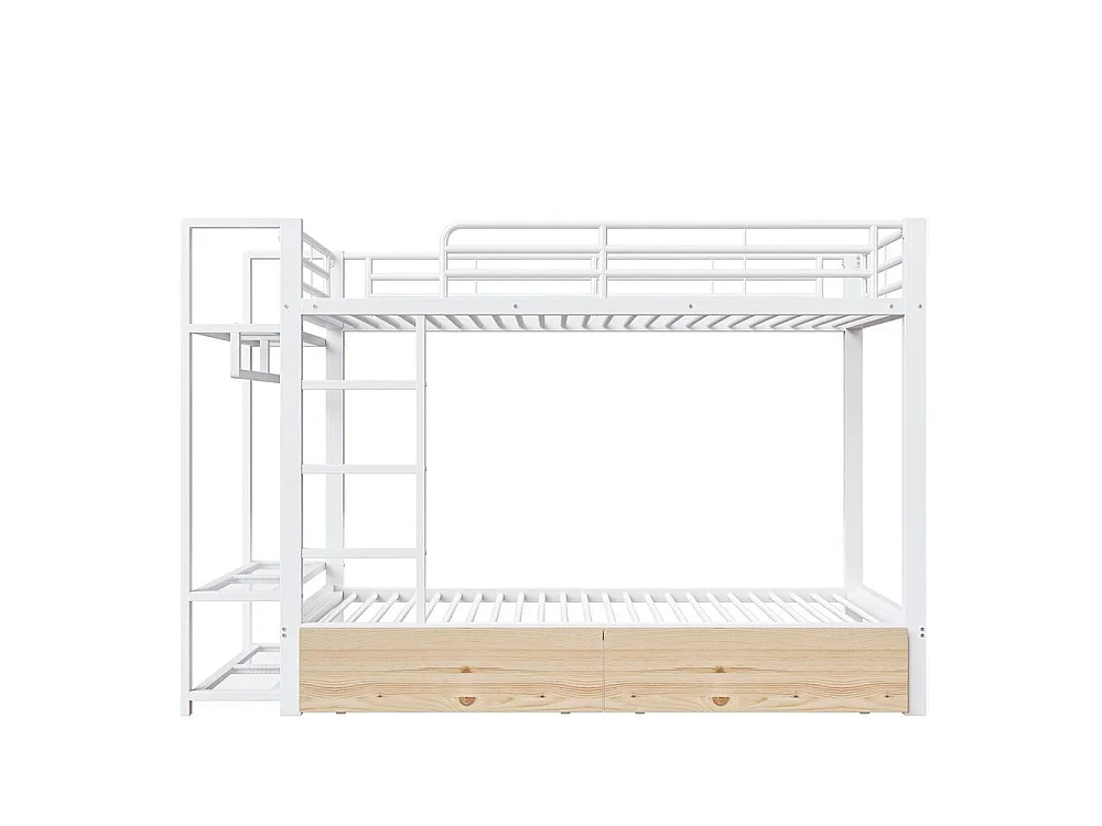 Lit superposé 90x200 cm, cadre métal robuste, 2 tiroirs, étagères, barre de suspension, LED, rangement pratique, blanc