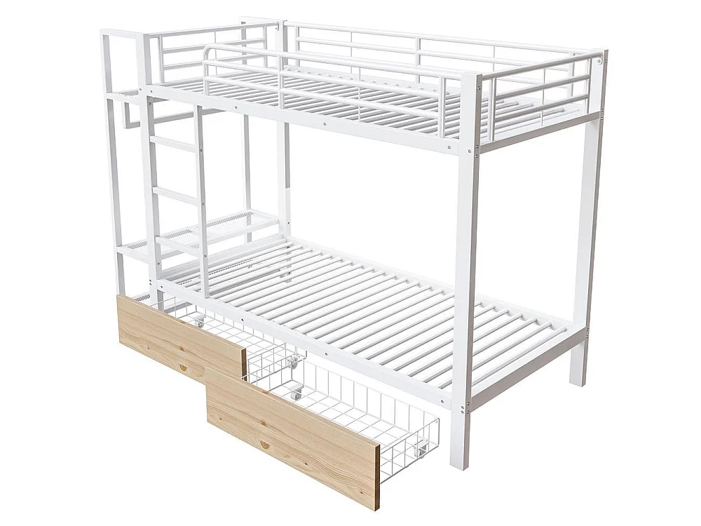 Lit superposé 90x200 cm, cadre métal robuste, 2 tiroirs, étagères, barre de suspension, LED, rangement pratique, blanc