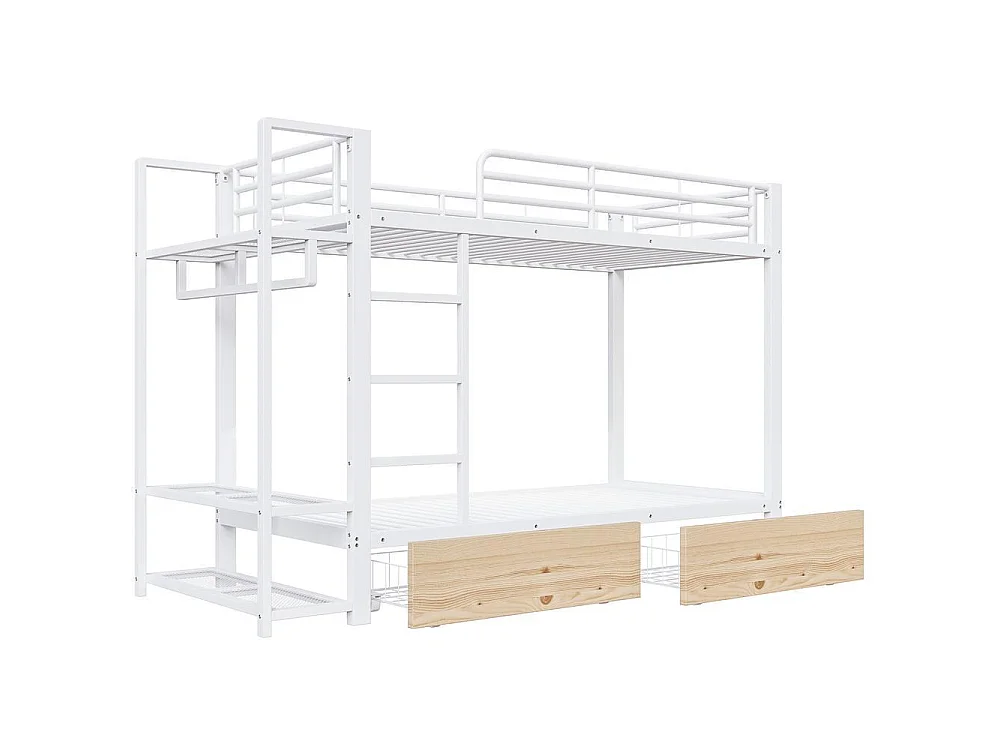 Lit superposé 90x200 cm, cadre métal robuste, 2 tiroirs, étagères, barre de suspension, LED, rangement pratique, blanc