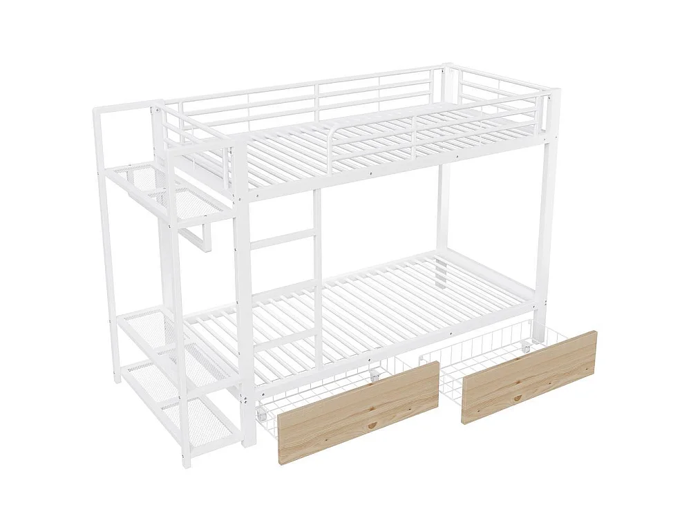 Lit superposé 90x200 cm, cadre métal robuste, 2 tiroirs, étagères, barre de suspension, LED, rangement pratique, blanc