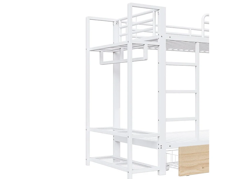 Lit superposé 90x200 cm, cadre métal robuste, 2 tiroirs, étagères, barre de suspension, LED, rangement pratique, blanc