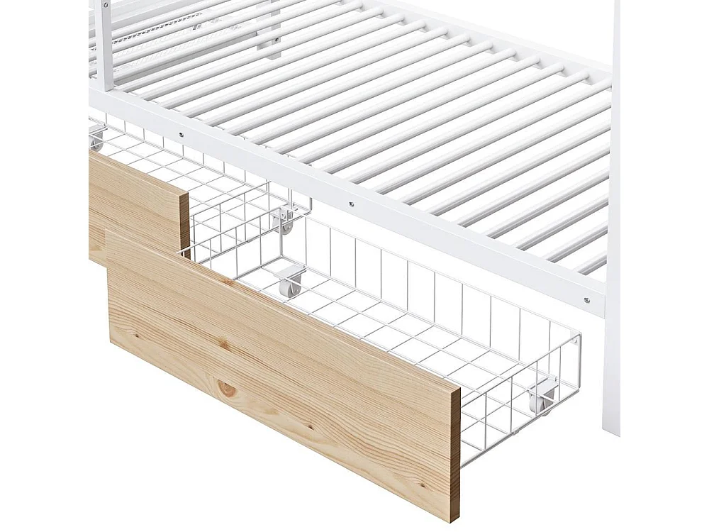 Lit superposé 90x200 cm, cadre métal robuste, 2 tiroirs, étagères, barre de suspension, LED, rangement pratique, blanc