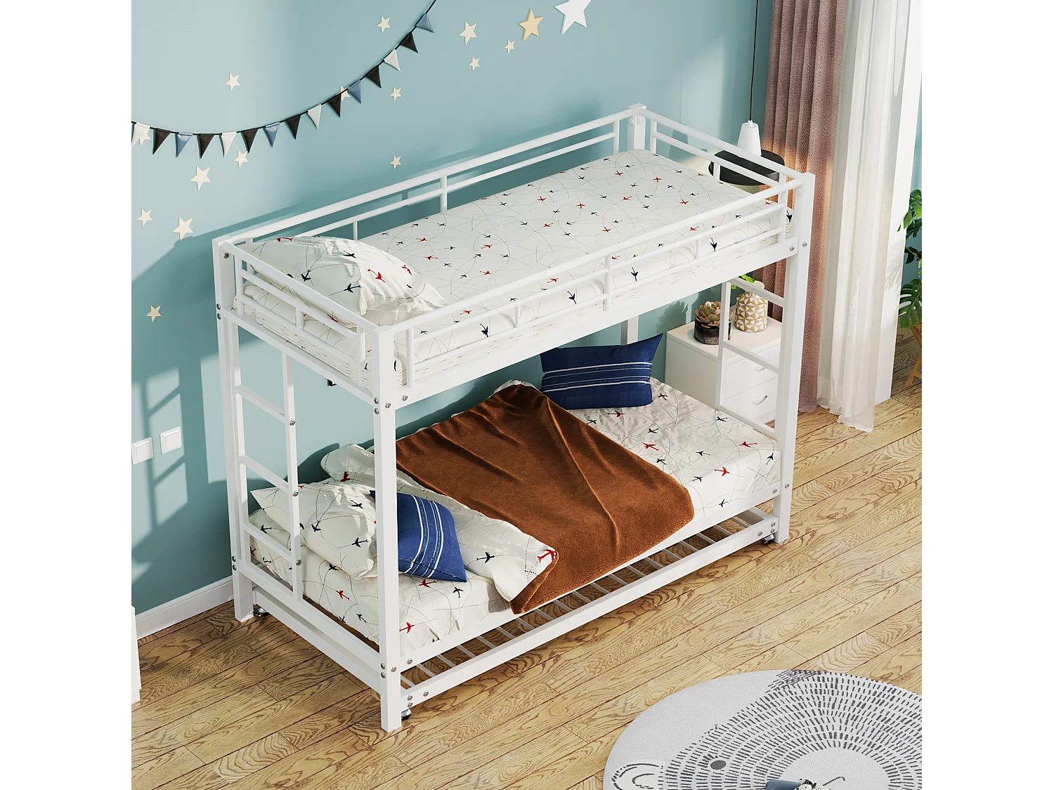 Lit superposé 90x200 cm, cadre en métal, avec lit gigogne, garde corps haut, lit enfant certifié EN747, blanc