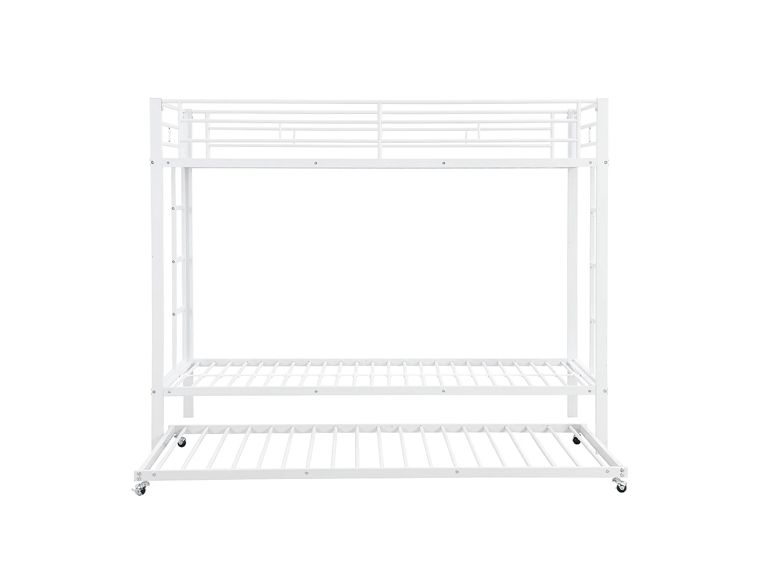Lit superposé 90x200 cm, cadre en métal, avec lit gigogne, garde corps haut, lit enfant certifié EN747, blanc