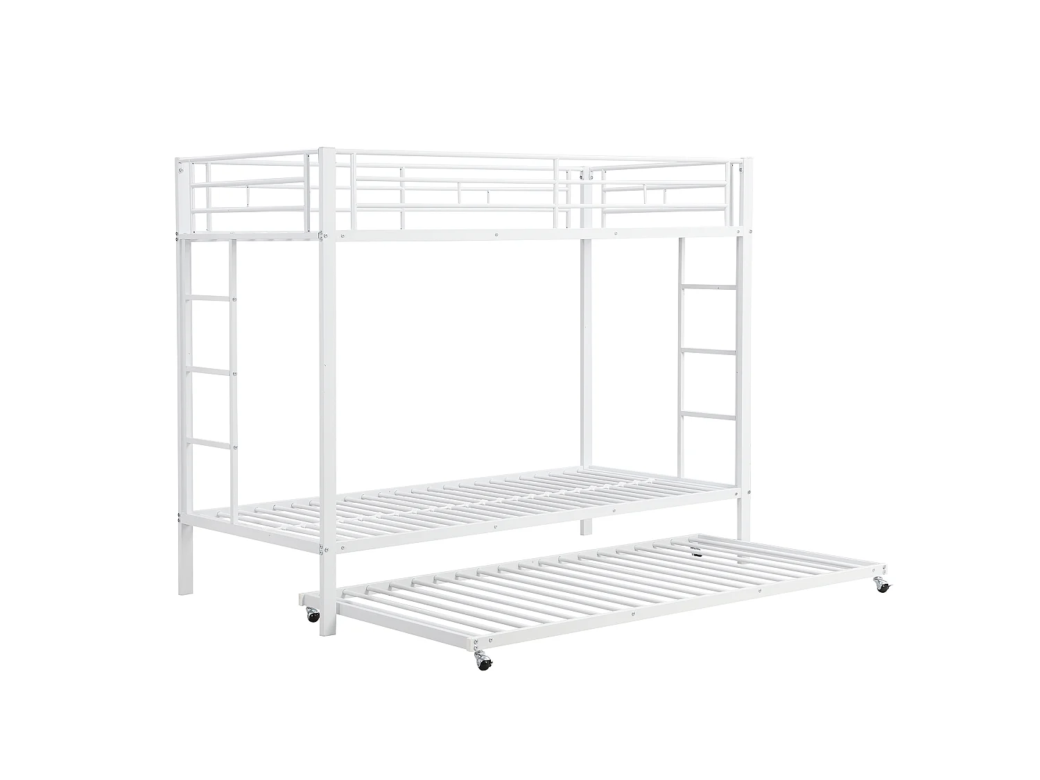 Lit superposé 90x200 cm, cadre en métal, avec lit gigogne, garde corps haut, lit enfant certifié EN747, blanc