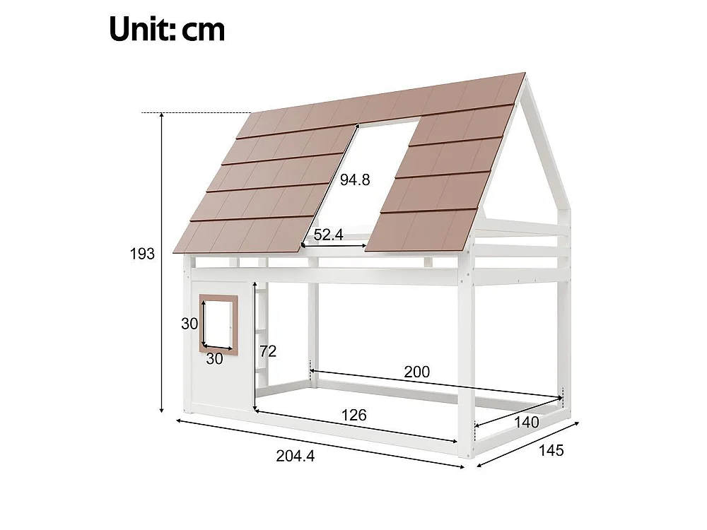 Lit superposé 140x200 cm bois, avec toit et échelle, pin massif, sécurisé et robuste, design maison, blanc marron