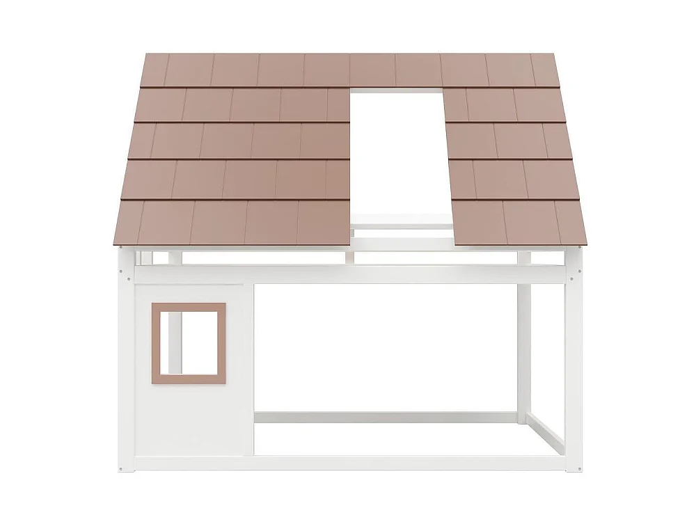 Lit superposé 140x200 cm bois, avec toit et échelle, pin massif, sécurisé et robuste, design maison, blanc marron