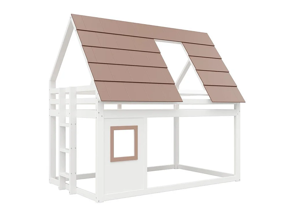 Lit superposé 140x200 cm bois, avec toit et échelle, pin massif, sécurisé et robuste, design maison, blanc marron