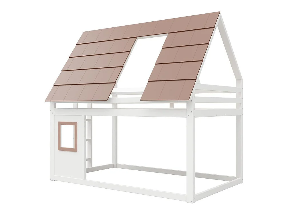 Lit superposé 140x200 cm bois, avec toit et échelle, pin massif, sécurisé et robuste, design maison, blanc marron