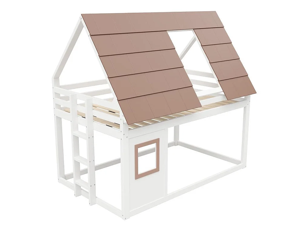 Lit superposé 140x200 cm bois, avec toit et échelle, pin massif, sécurisé et robuste, design maison, blanc marron