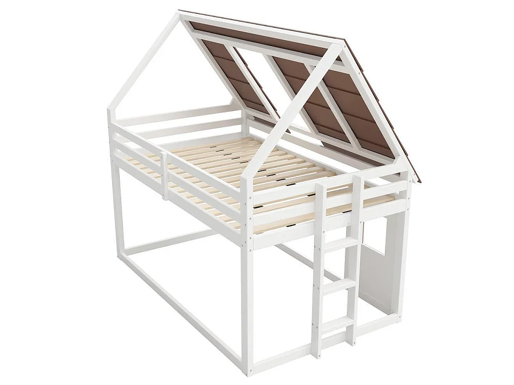Lit superposé 140x200 cm bois, avec toit et échelle, pin massif, sécurisé et robuste, design maison, blanc marron