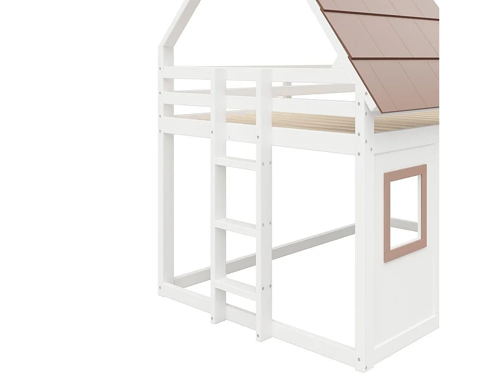 Lit superposé 140x200 cm bois, avec toit et échelle, pin massif, sécurisé et robuste, design maison, blanc marron