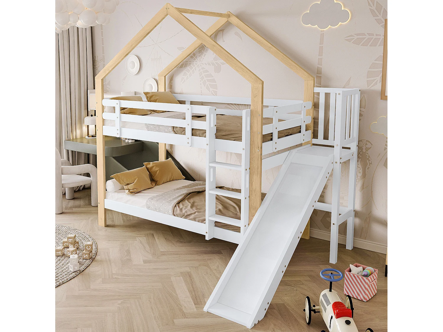 Lit superposé enfant 90x200 cm avec toboggan, échelle 3 marches, maison sécurisée, garde-corps, bois massif blanc et naturel