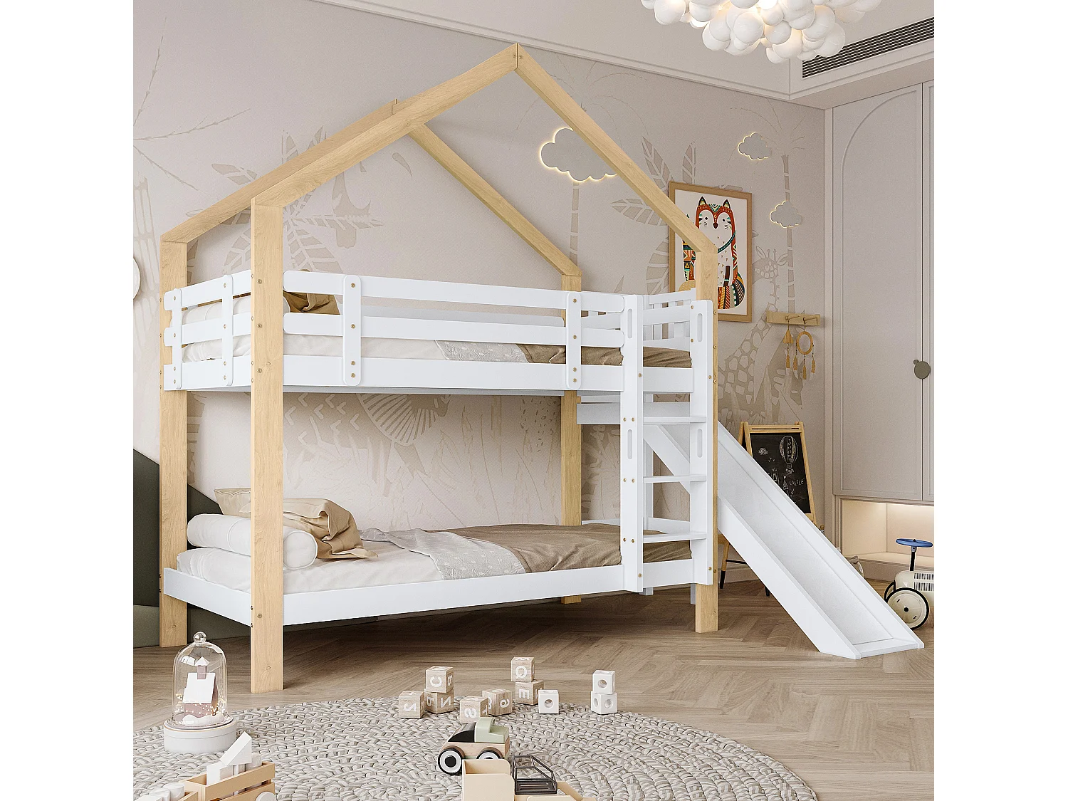Lit superposé enfant 90x200 cm avec toboggan, échelle 3 marches, maison sécurisée, garde-corps, bois massif blanc et naturel