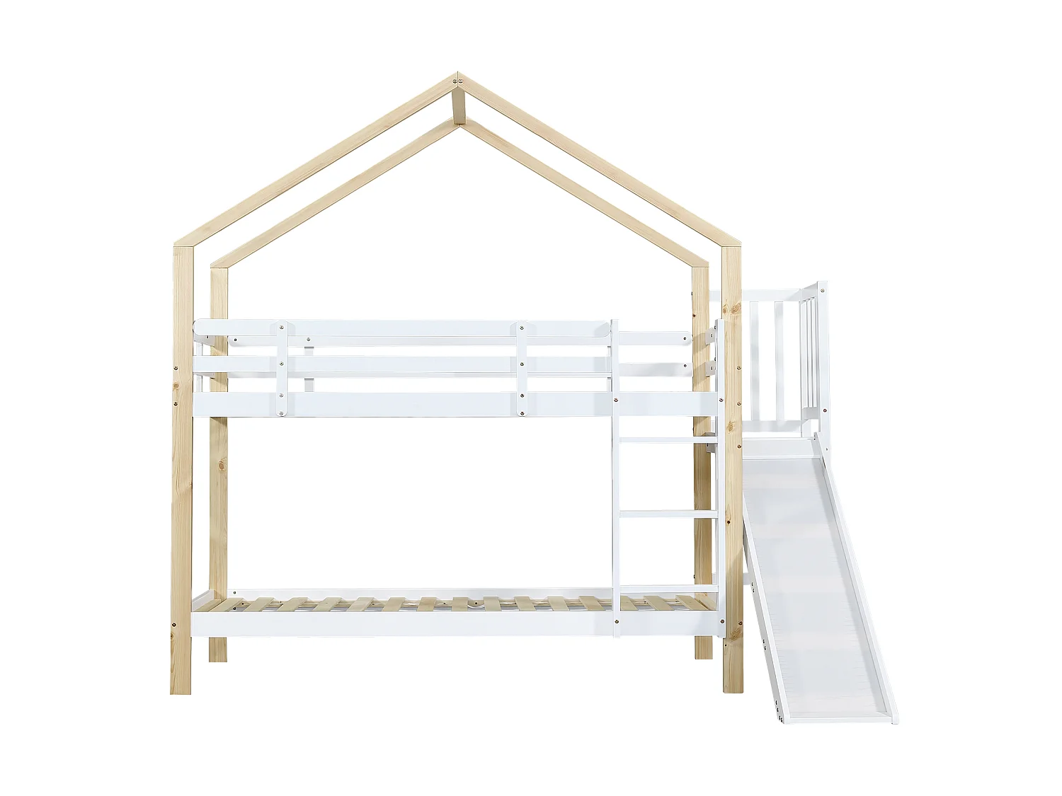 Lit superposé enfant 90x200 cm avec toboggan, échelle 3 marches, maison sécurisée, garde-corps, bois massif blanc et naturel