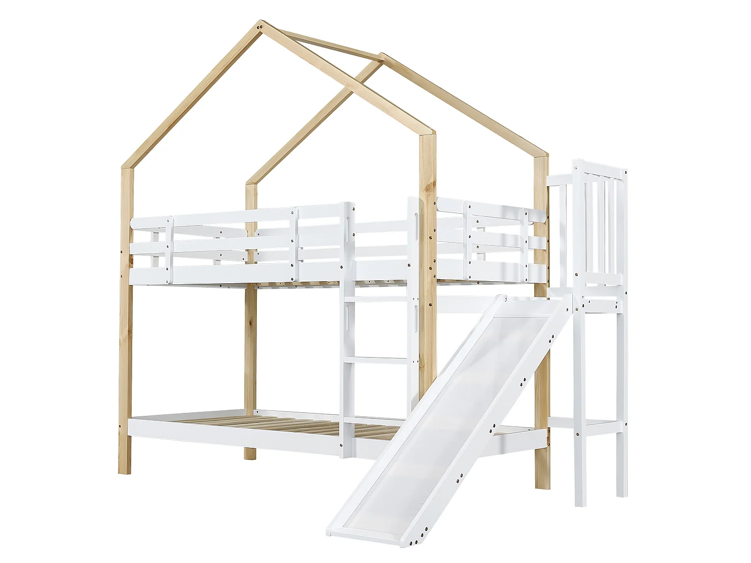 Lit superposé enfant 90x200 cm avec toboggan, échelle 3 marches, maison sécurisée, garde-corps, bois massif blanc et naturel
