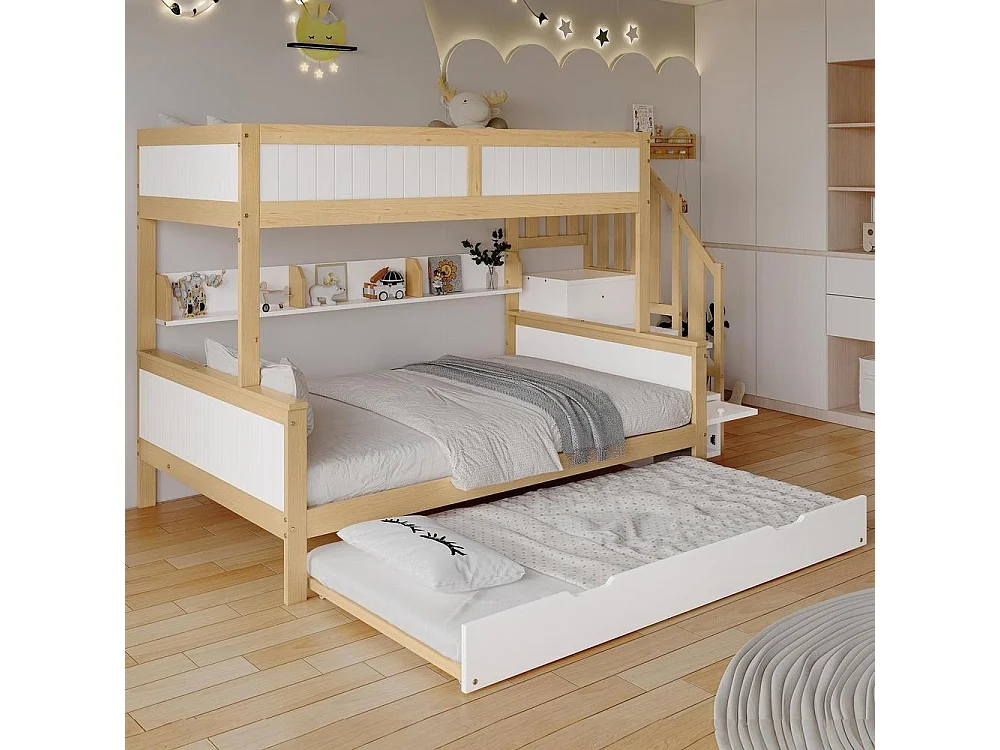 Lit superposé 90/120x200 cm, lit gigogne, penderie, escalier coin avec rangement, barrières sécurité, 3 positions, blanc naturel