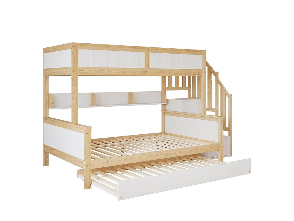 Lit superposé 90/120x200 cm, lit gigogne, penderie, escalier coin avec rangement, barrières sécurité, 3 positions, blanc naturel