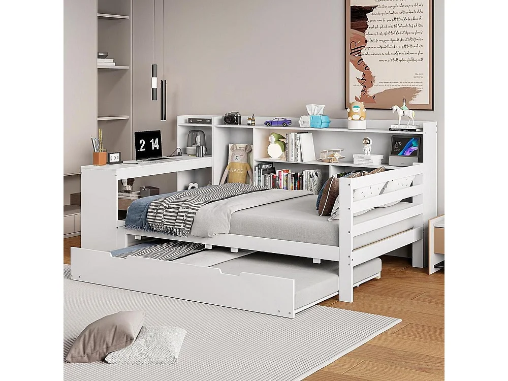Canapé-lit 90x200 cm bois massif avec bureau étagères tiroirs prises USB et lit tiroir, multifonction, rangement pratique, blanc