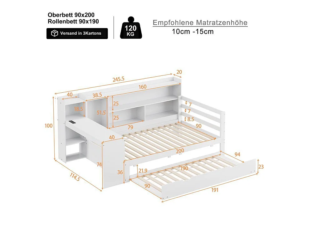 Canapé-lit 90x200 cm bois massif avec bureau étagères tiroirs prises USB et lit tiroir, multifonction, rangement pratique, blanc