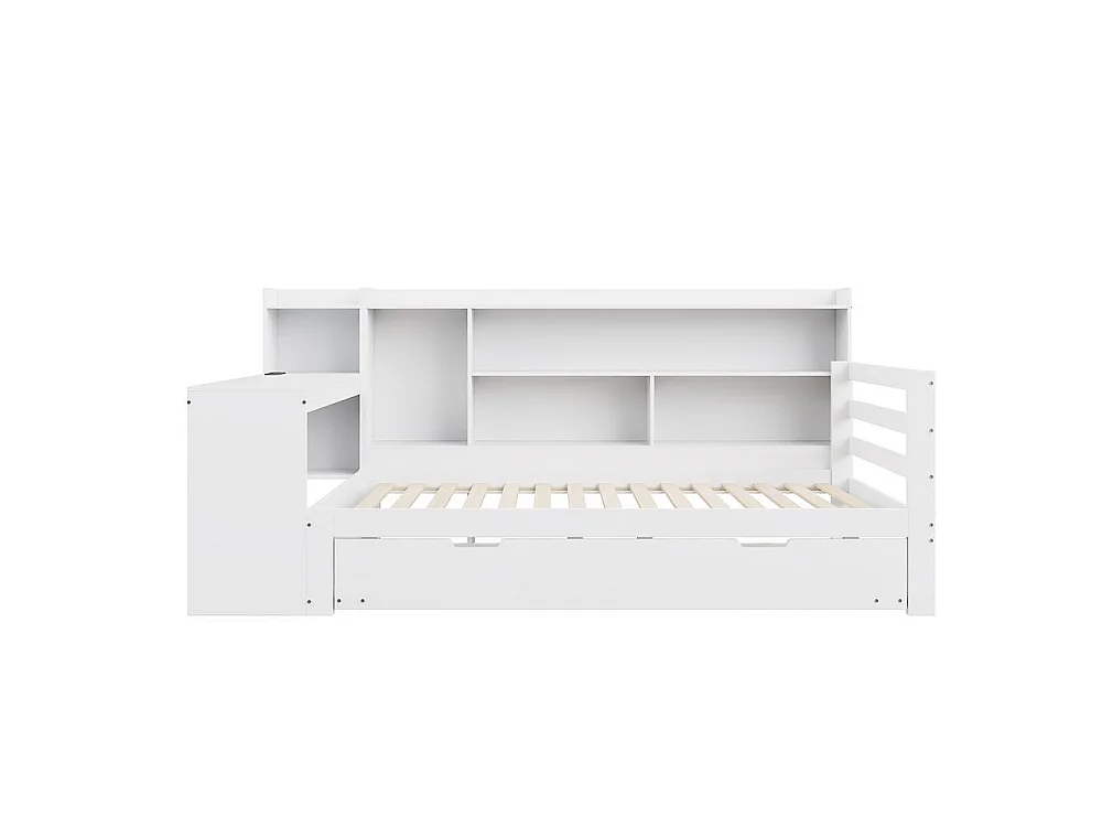 Canapé-lit 90x200 cm bois massif avec bureau étagères tiroirs prises USB et lit tiroir, multifonction, rangement pratique, blanc