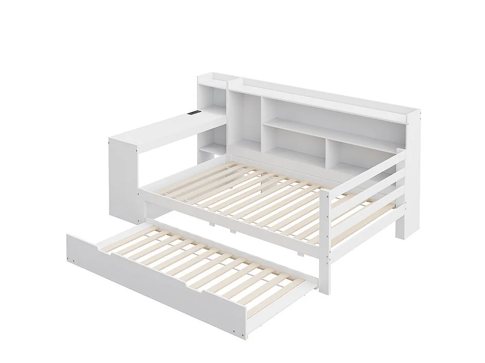 Canapé-lit 90x200 cm bois massif avec bureau étagères tiroirs prises USB et lit tiroir, multifonction, rangement pratique, blanc