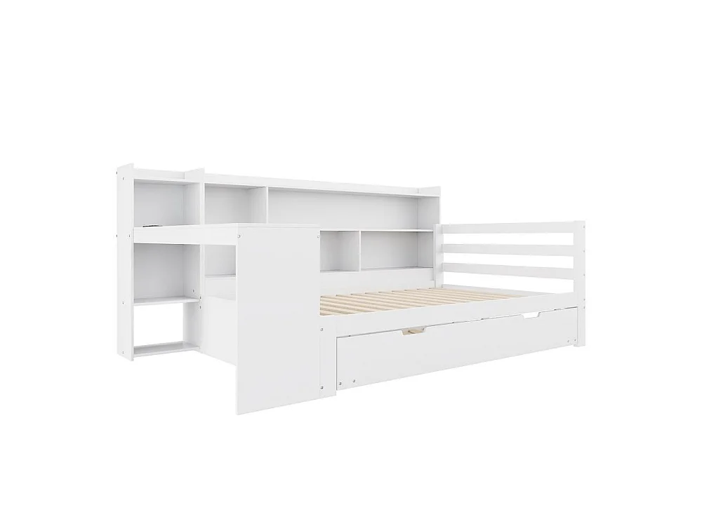 Canapé-lit 90x200 cm bois massif avec bureau étagères tiroirs prises USB et lit tiroir, multifonction, rangement pratique, blanc