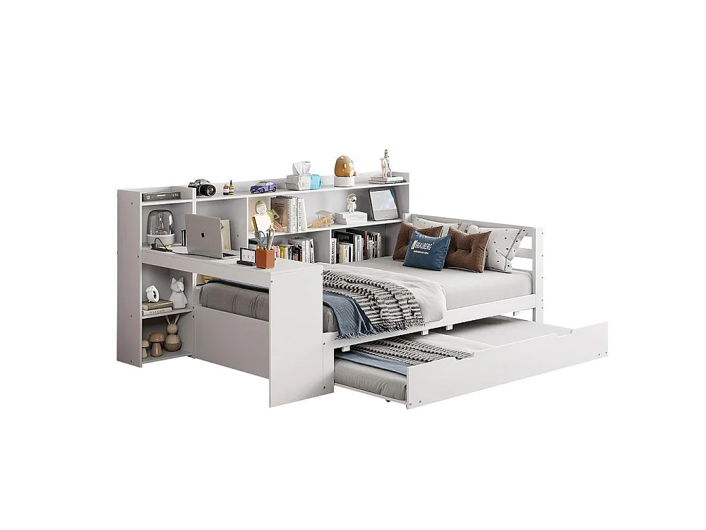 Canapé-lit 90x200 cm bois massif avec bureau étagères tiroirs prises USB et lit tiroir, multifonction, rangement pratique, blanc