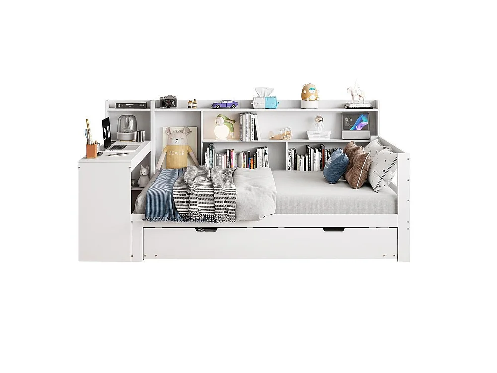 Canapé-lit 90x200 cm bois massif avec bureau étagères tiroirs prises USB et lit tiroir, multifonction, rangement pratique, blanc