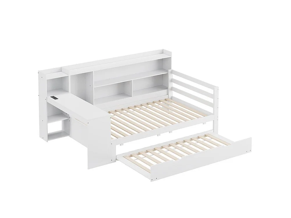 Canapé-lit 90x200 cm bois massif avec bureau étagères tiroirs prises USB et lit tiroir, multifonction, rangement pratique, blanc