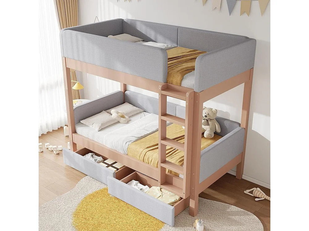 Lit superposé 90x200 cm et naturel pour enfants avec 2 tiroirs, escalier droit, mousse anti-collision, bois caoutchouc et MDF, gris