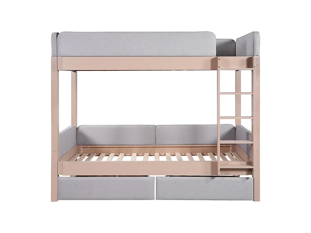 Lit superposé 90x200 cm et naturel pour enfants avec 2 tiroirs, escalier droit, mousse anti-collision, bois caoutchouc et MDF, gris