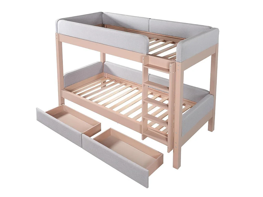 Lit superposé 90x200 cm et naturel pour enfants avec 2 tiroirs, escalier droit, mousse anti-collision, bois caoutchouc et MDF, gris