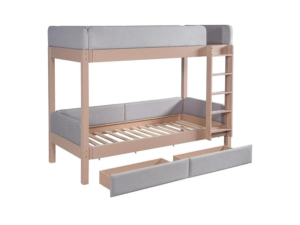 Lit superposé 90x200 cm et naturel pour enfants avec 2 tiroirs, escalier droit, mousse anti-collision, bois caoutchouc et MDF, gris