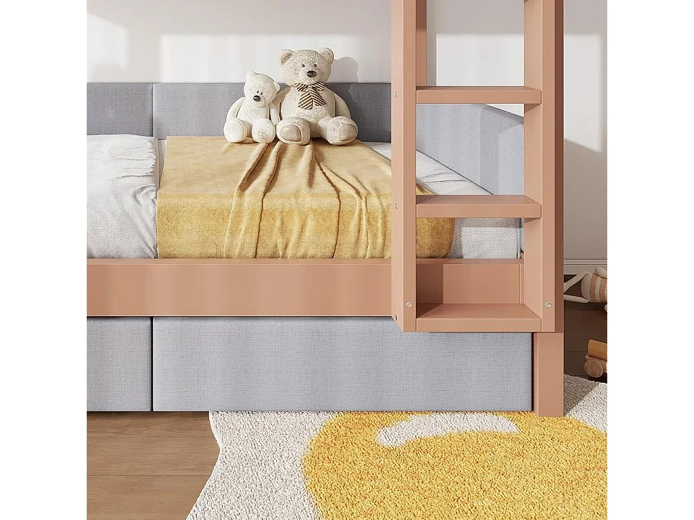 Lit superposé 90x200 cm et naturel pour enfants avec 2 tiroirs, escalier droit, mousse anti-collision, bois caoutchouc et MDF, gris