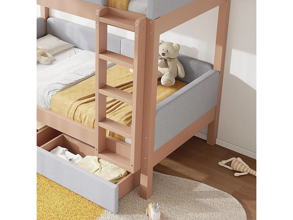 Lit superposé 90x200 cm et naturel pour enfants avec 2 tiroirs, escalier droit, mousse anti-collision, bois caoutchouc et MDF, gris